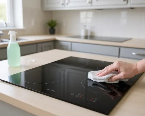 Mano che pulisce il piano a induzione con un panno. Scopri come pulire piano induzione per mantenerlo splendente.