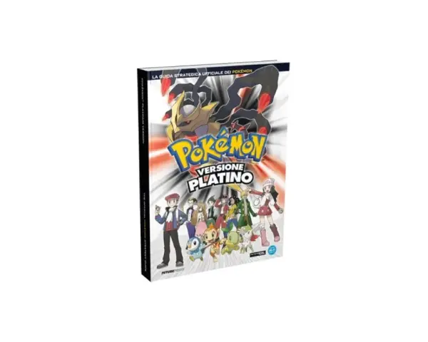 Guida strategica ufficiale Pokémon Versione Platino con personaggi e Pokémon. Il titolo spicca in un vibrante colore platino.