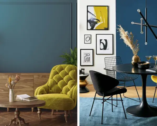 Eleganti abbinamenti color ottanio con tocchi di giallo ocra e nero. Un salotto accogliente e una sala da pranzo moderna.