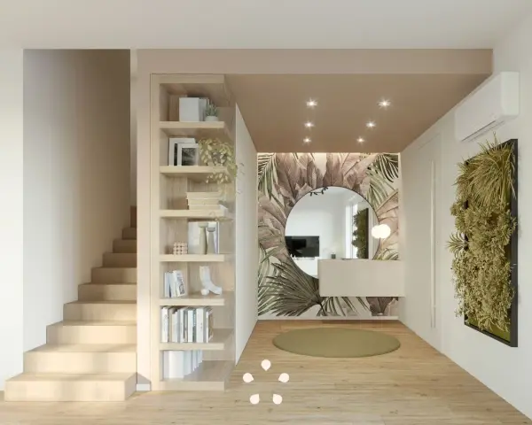 Ingresso moderno con libreria a giorno, carta da parati tropicale, specchio rotondo e verde verticale. Ottime idee ingresso casa.