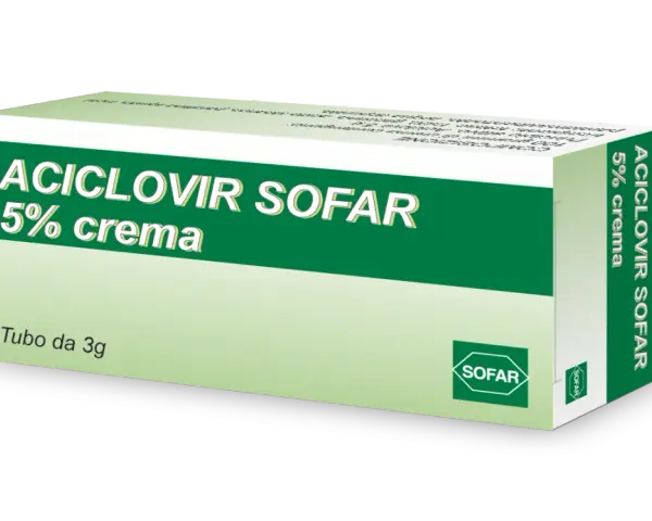 Scatola di ACICLOVIR SOFAR 5% crema, un trattamento per il pomata herpes genitale. Tubo da 3g.