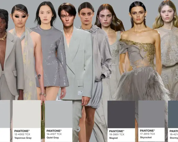 Models in various grey outfits with Pantone color swatches below.