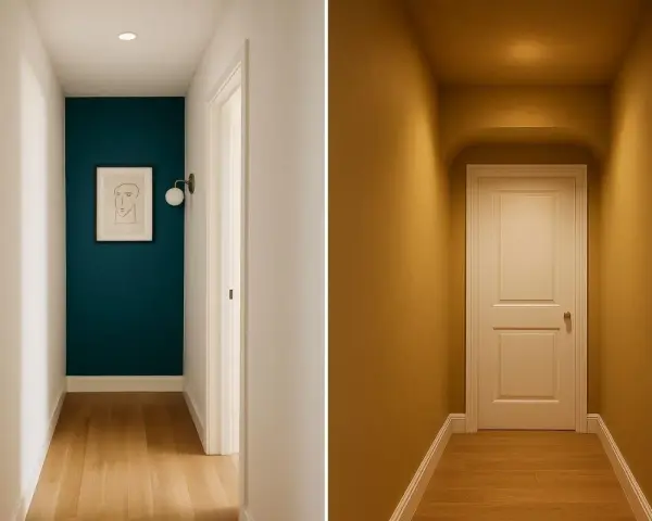 Ingresso e corridoio con pareti color petrolio e ocra. Idee per colori per ingresso e corridoio che creano atmosfere diverse.