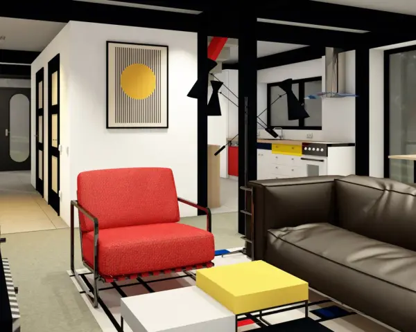 Soggiorno moderno con poltrona rossa, divano marrone e tavolini cubici. L'arredamento, con linee pulite e colori primari, evoca lo stile bauhaus.