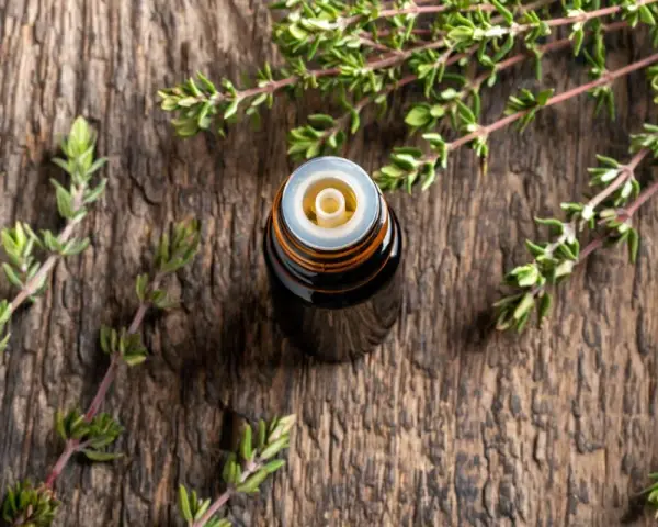 Flacone di olio essenziale di timo su legno rustico, circondato da rametti freschi. Un aiuto naturale per il raffreddore.