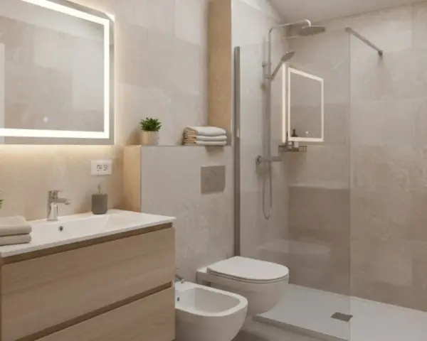 Bagno moderno con mobile lavabo in legno, specchio luminoso e doccia a filo pavimento. Ottime idee bagno per un look minimalista.