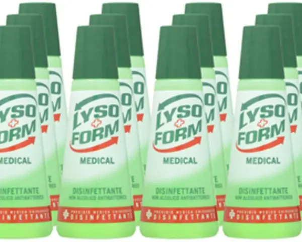 Flaconi di Lysoform Medical, disinfettante naturale per ferite, con tappo verde e etichetta chiara.
