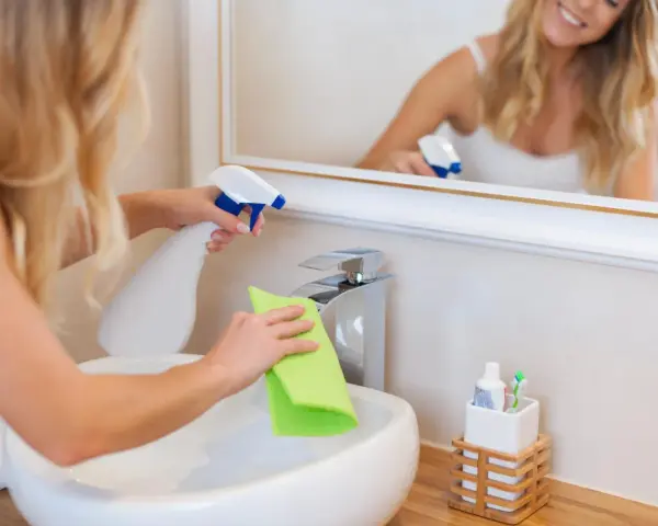 Donna pulisce il lavandino con uno spray, un passo fondamentale per come eliminare gli odori in casa e mantenere un ambiente fresco.