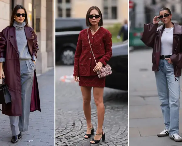 Tre donne sfoggiano outfit eleganti nel colore vinaccia: un trench in pelle, un completo giacca e gonna, e una giacca biker.