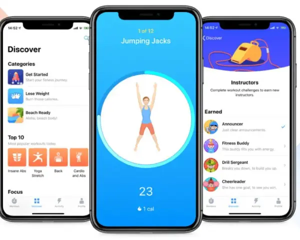 Schermate di app per il fitness con esercizi, categorie e istruttori. Le migliori app fitness per iniziare il tuo percorso.