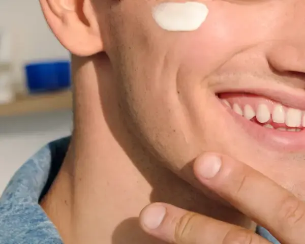 Uomo sorridente con crema sul viso, dopo la depilazione con rasoio. Pelle liscia e curata.
