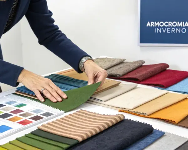 Mani che scelgono tessuti per una palette inverno. Campioni di stoffa in varie tonalità, dal verde al blu, dal beige all'arancione.