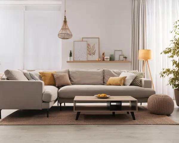 Divano angolare in un accogliente soggiorno, con cuscini decorativi e un tavolino. Il colore taupe del divano crea un'atmosfera rilassante.