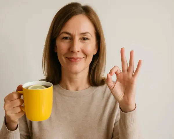 Woman holding a yellow mug with lemon and giving an OK sign.