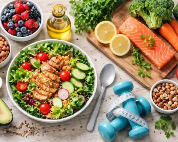 Dieta sana e allenamento per perdere peso in una settimana: insalata con pollo, salmone, verdure, frutta e pesi.