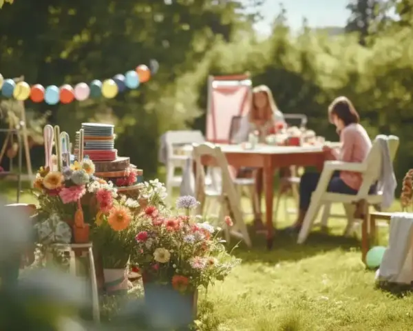 Festa in giardino con palloncini colorati, fiori vivaci e persone sedute a tavola.