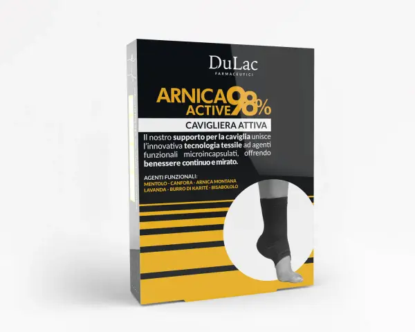 Cavigliera attiva DuLac con arnica per distorsione caviglia. Supporto tessile innovativo con agenti funzionali per un benessere mirato.