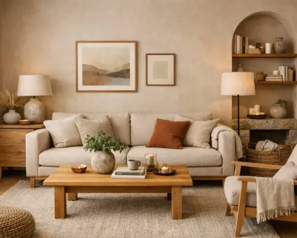 Caldi colori salotto moderno con divano beige, tavolino in legno e quadri astratti.