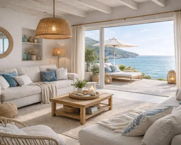 Soggiorno con vista mare, arredamento in stile mediterraneo con divani chiari, cuscini blu e legno naturale. Perfetto per case al mare arredamento.