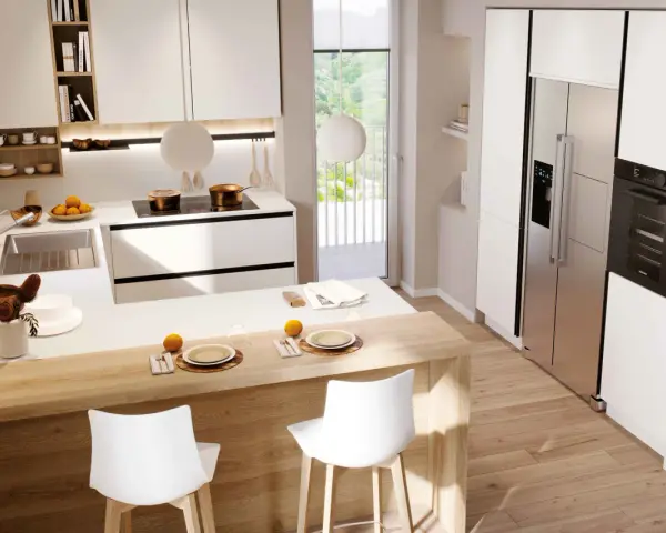 Modern white kitchen with a wooden island, bar stools, stainless steel fridge, and oven.