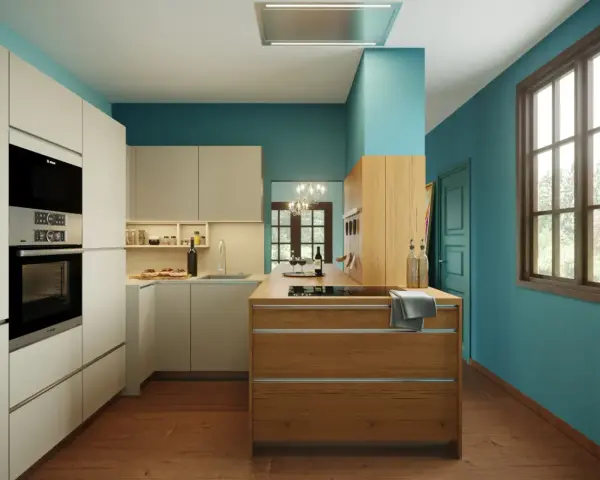 Cucine colorate con isola in legno e pareti turchesi. Un ambiente moderno e accogliente, perfetto per chi ama il design vivace.