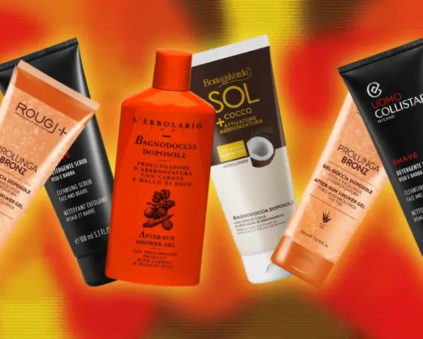 Prodotti doposole per come mantenere l'abbronzatura: gel doccia e scrub viso/barba.