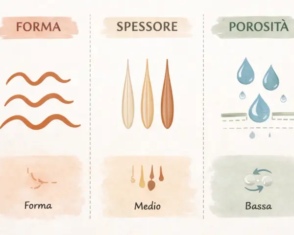Illustrazione che mostra i diversi tipi di capelli: forma (ondulati), spessore (tre ciocche) e porosità (gocce d'acqua).