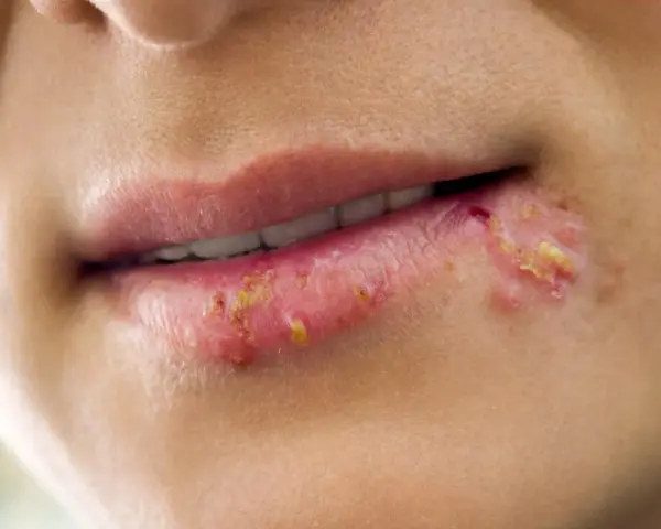 Labbra con vescicole e croste giallastre, tipiche di un herpes labiale. La durata varia, ma spesso si risolve in 1-2 settimane.