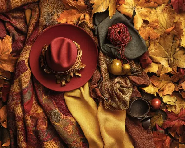 Cappello rosso, sciarpe, gomitolo e foglie autunnali creano un'atmosfera con **colori caldi**.