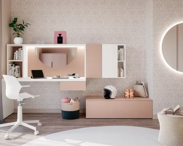 Un moderno angolo trucco in camera da letto con scrivania, specchio rotondo illuminato e accessori.