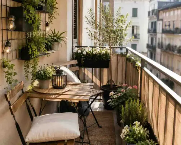 Un piccolo tavolo con sedie, piante rigogliose e luci creano un'atmosfera accogliente. Perfette idee balcone per un angolo relax.
