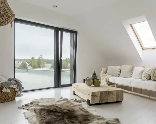 Un salotto con un divano bianco, tavolino in legno grezzo e tappeto in pelliccia, in un accogliente stile boho chic casa.