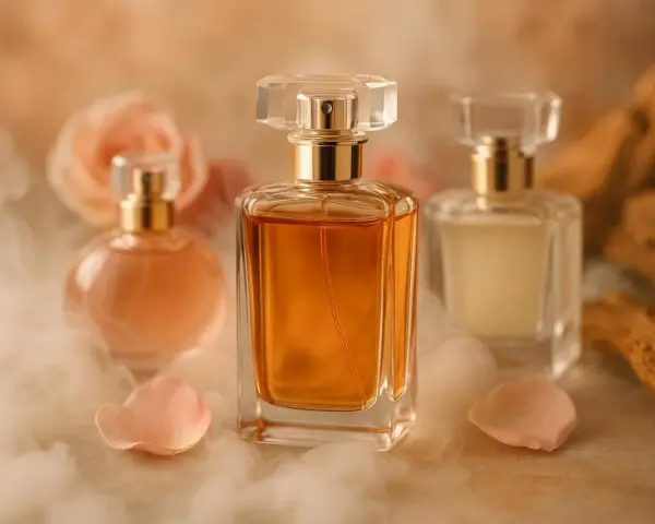 Flaconi di essenze profumi famosi, con petali di rosa e fumo leggero, evocano un'atmosfera di lusso e seduzione.