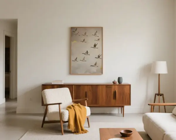 Un soggiorno in stile wabi sabi con poltrona in lana bouclé, credenza in legno e quadro di oche in volo.