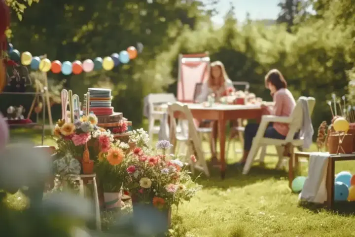 Festa in giardino con palloncini colorati, fiori vivaci e persone sedute a tavola.