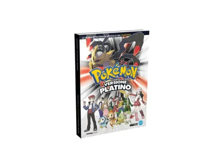 Guida strategica ufficiale Pokémon Versione Platino con personaggi e Pokémon. Il titolo spicca in un vibrante colore platino.