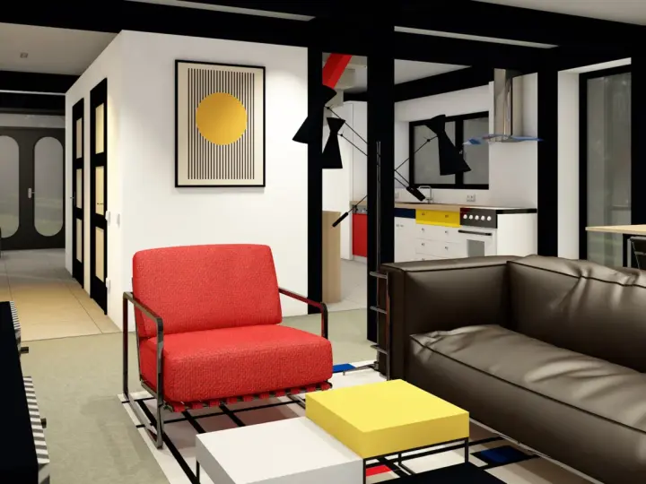 Soggiorno moderno con poltrona rossa, divano marrone e tavolini cubici. L'arredamento, con linee pulite e colori primari, evoca lo stile bauhaus.