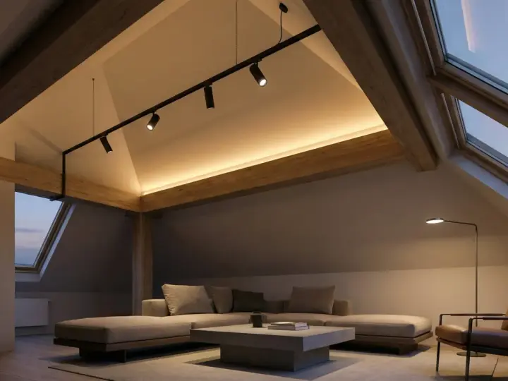 Accogliente mansarda con tetto spiovente, illuminazione soffusa e travi a vista. Un moderno sistema di faretti illumina l'ambiente, creando un'atmosfera calda e rilassante.
