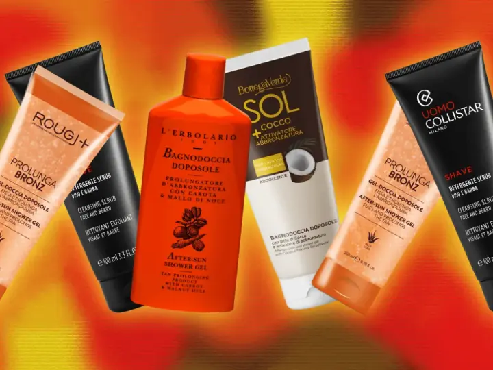Prodotti doposole per come mantenere l'abbronzatura: gel doccia e scrub viso/barba.