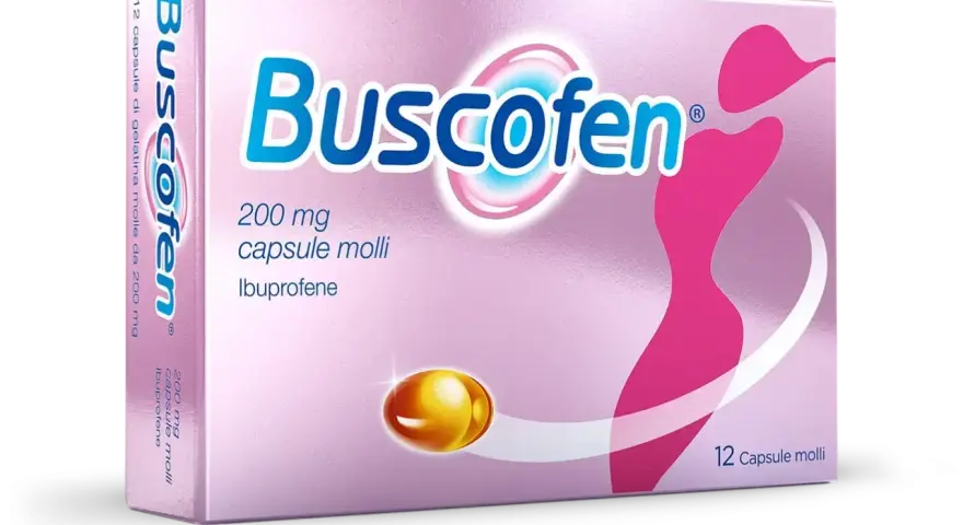 Scatola di Buscofen, 12 capsule molli da 200 mg di ibuprofene, un valido aiuto per i rimedi dolori mestruali.