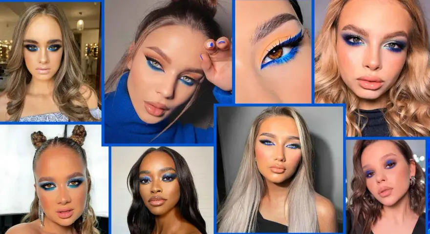 Collage di volti con audace trucco occhi azzurri, che esalta la bellezza di diverse tonalità di pelle.