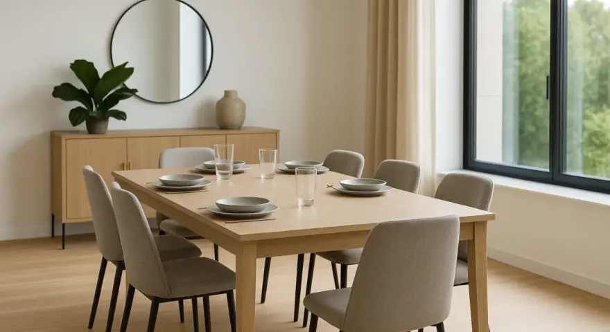 Tavolo 240 cm quante persone? Questo tavolo da pranzo in legno chiaro, apparecchiato per sei, è perfetto per cene conviviali.