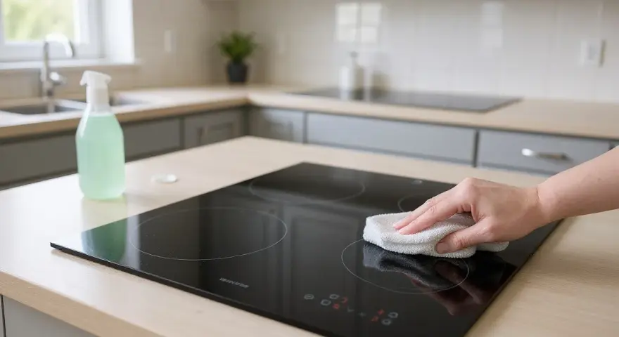 Mano che pulisce il piano a induzione con un panno. Scopri come pulire piano induzione per mantenerlo splendente.