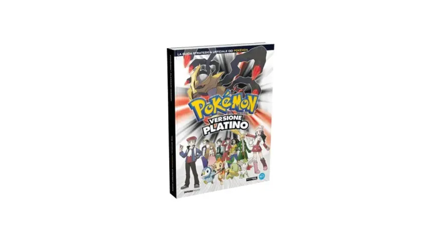 Guida strategica ufficiale Pokémon Versione Platino con personaggi e Pokémon. Il titolo spicca in un vibrante colore platino.