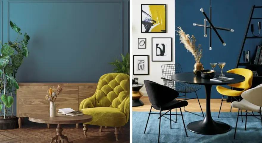 Eleganti abbinamenti color ottanio con tocchi di giallo ocra e nero. Un salotto accogliente e una sala da pranzo moderna.