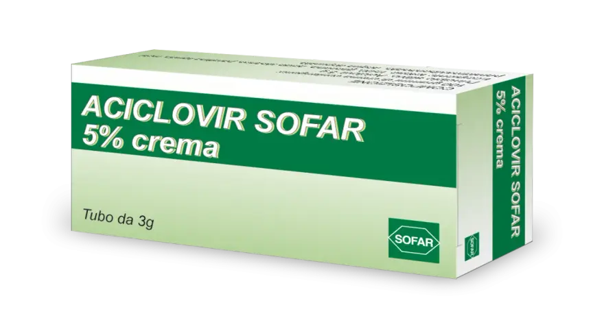 Scatola di ACICLOVIR SOFAR 5% crema, un trattamento per il pomata herpes genitale. Tubo da 3g.