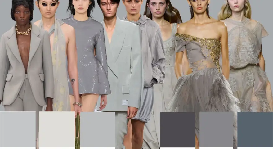 Models in various grey outfits with Pantone color swatches below.