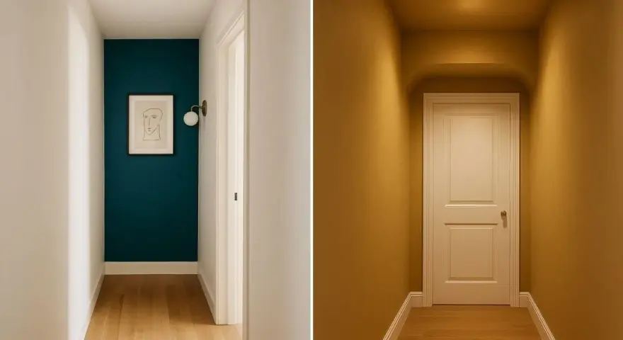 Ingresso e corridoio con pareti color petrolio e ocra. Idee per colori per ingresso e corridoio che creano atmosfere diverse.