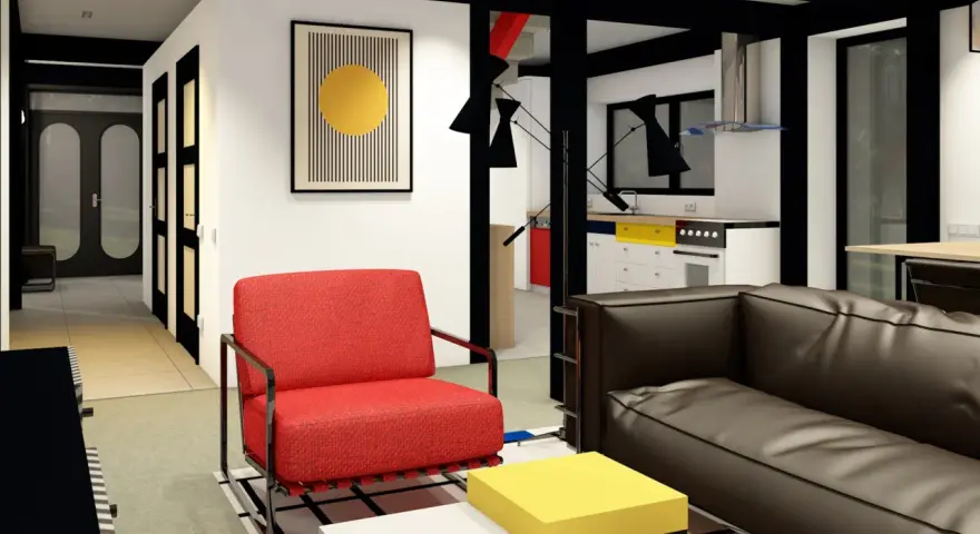 Soggiorno moderno con poltrona rossa, divano marrone e tavolini cubici. L'arredamento, con linee pulite e colori primari, evoca lo stile bauhaus.