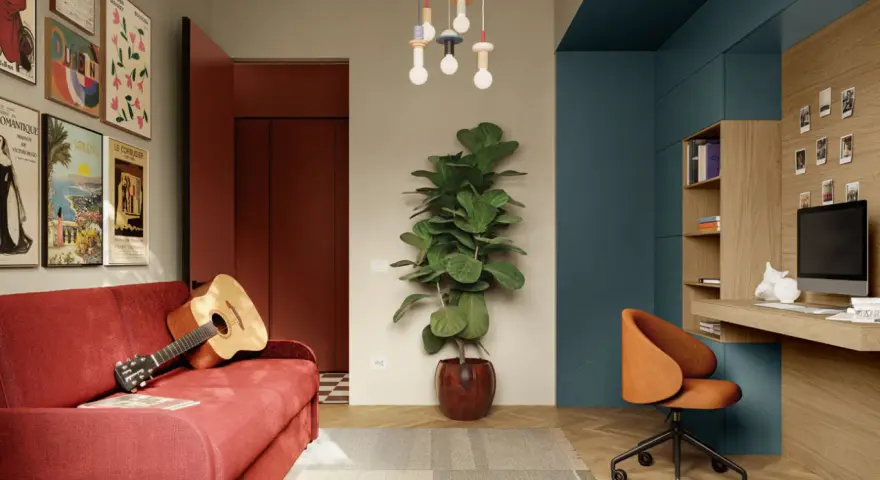 Un soggiorno con divano rosso, chitarra, piante e un angolo studio. Le pareti colorate particolari creano un ambiente vivace e moderno.